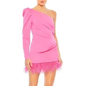 Mac Duggal Feather Trim One Shoulder Draped Mini Dress in Candy Pink 0